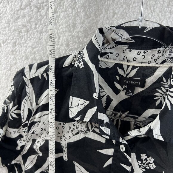 Talbots M Shirt Tropical Panther Jungle Cat Print Sheer Blouse Black White Top - Picture 6 of 11
